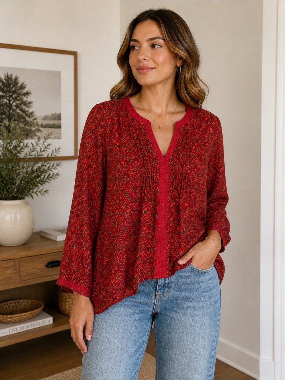 Lucky Brand Red Ikat Boho Tunic Blouse Small Peasant Top